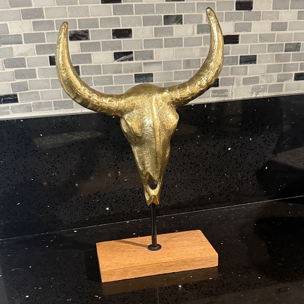 Gold Bull Skull Sculpture on Stand